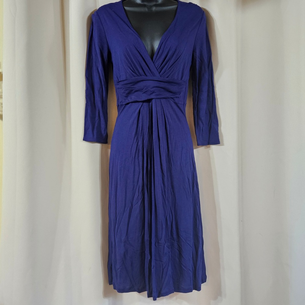 Boden Womens Blue Viscose Front V-Neck Midi Dress 3/4 Sleeve US 4R